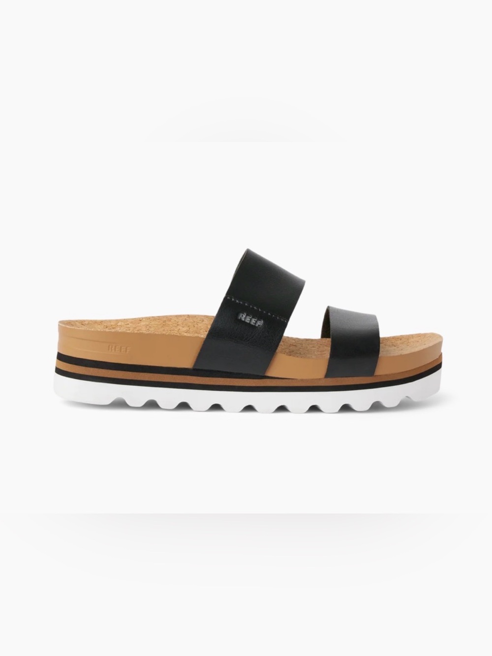 Reef Black and Tan Dual-Strap Cork Slide Sz 7